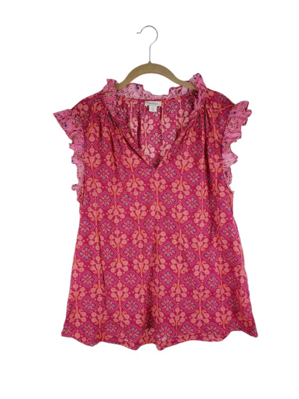 Sundance Lightweight Cotton Ruffle Sleeve Top Pink V-Neck Womens Large